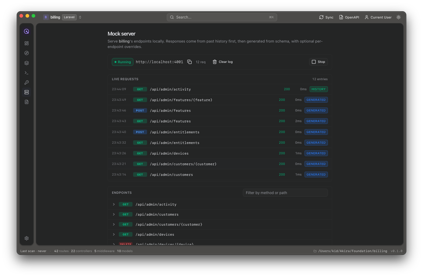 Spectra mock server with live request log