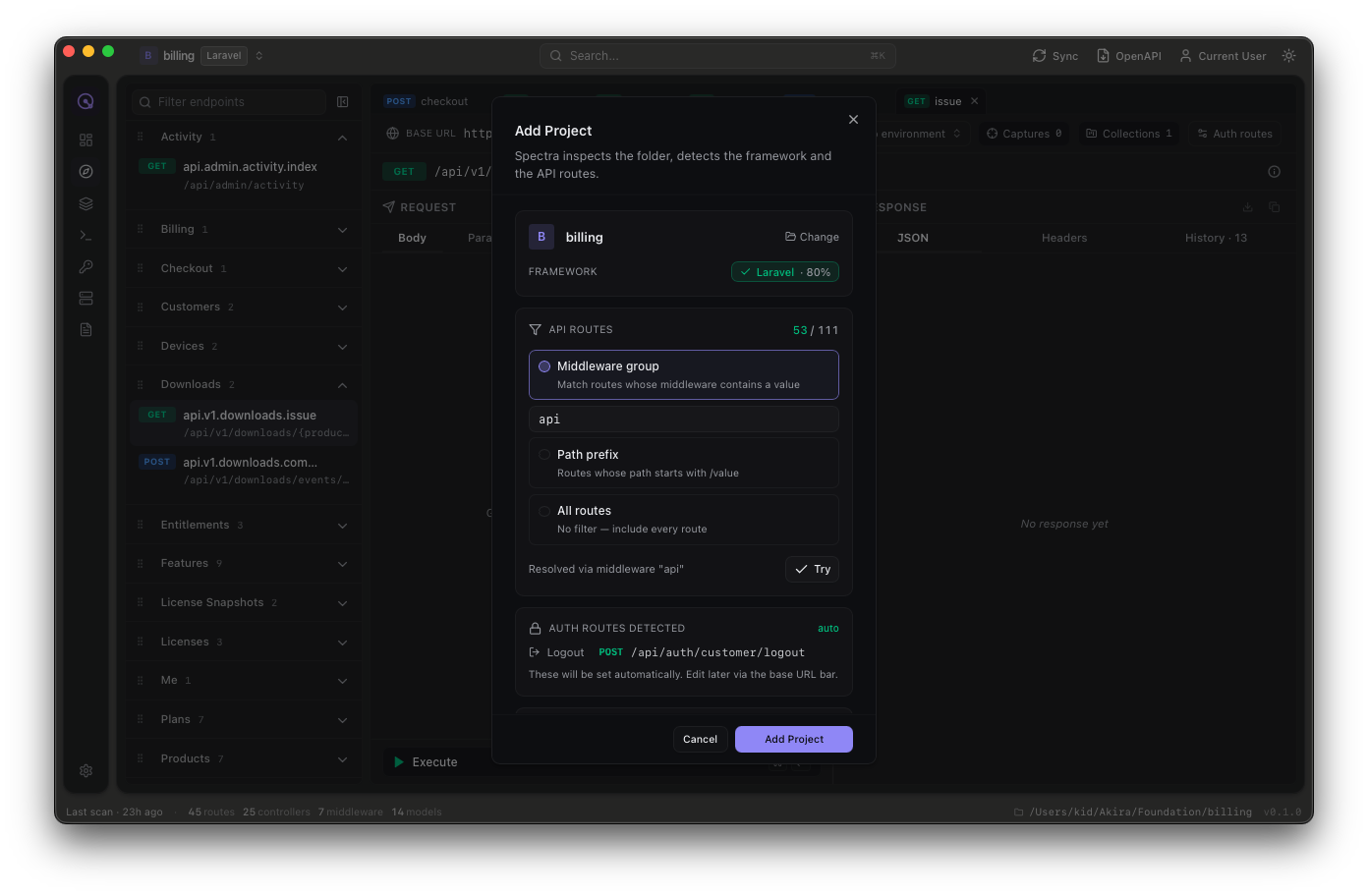 Spectra add project dialog